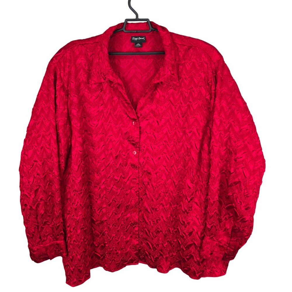 Womens Maggie Barnes Red Textured Blouse Button Up Long Sleeve Polyester Size 5X